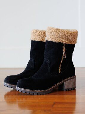 Black mid-calf boots with cozy tan sherpa lining and block heel NWOT